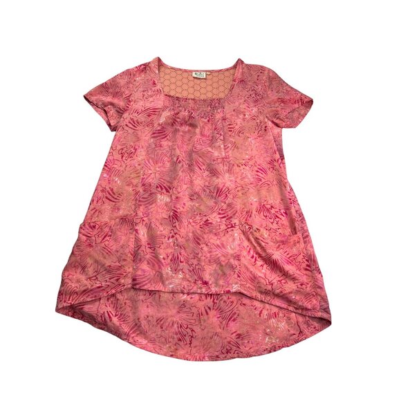 Go Fish Tunic Top Size L 2 Pockets Abstract Pink Eyelet Back Rayon Hand Made - Picture 2 of 8